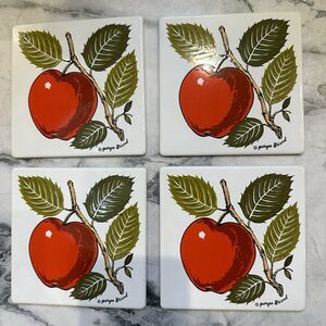 MID-CENTURY GEORGES BRIARD APPLE ENAMEL METAL TILE TRIVET / COASTERS